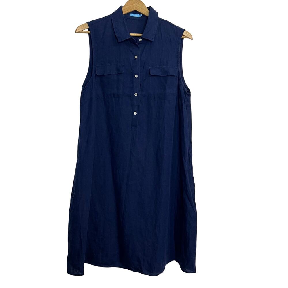 J. McLaughlin Linen Shirt Mini Dress Women SZ L Blue Henley Button Front Coastal